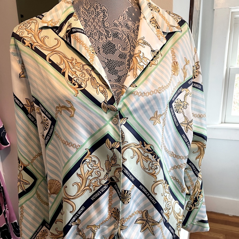 Victoria’s Secret silky scarf print button down.